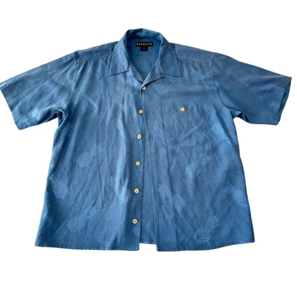 Vintage Baracuta Mens Blue 100% Silk Pineapple Jacquard Camp Shirt Short Sleeve‎